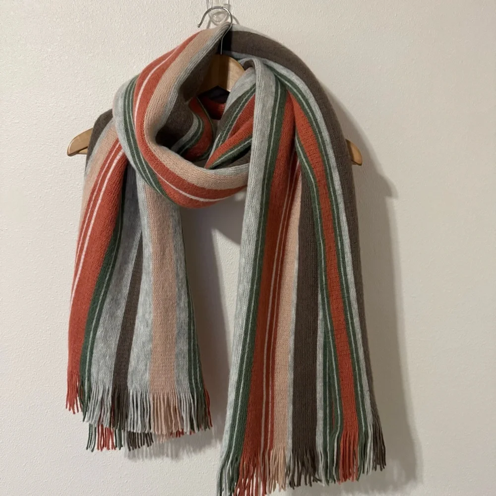 prAna Loli Scarf Weathered Wood Fringe Blanket Orange Green Brown-72x18”